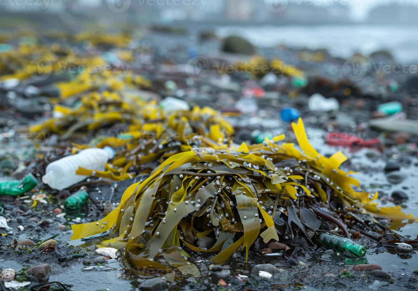A beach with lots of plastic bottles and other trash photo