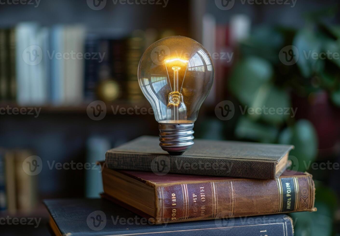 A light bulb is sitting on top of a stack of books photo