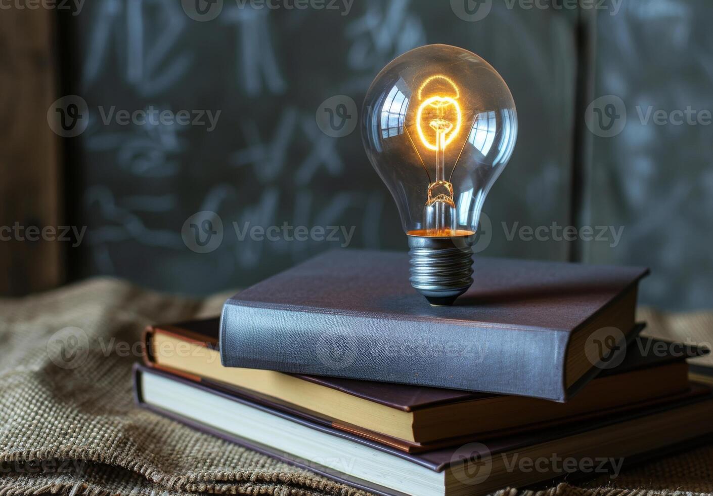 A light bulb is sitting on top of a stack of books photo