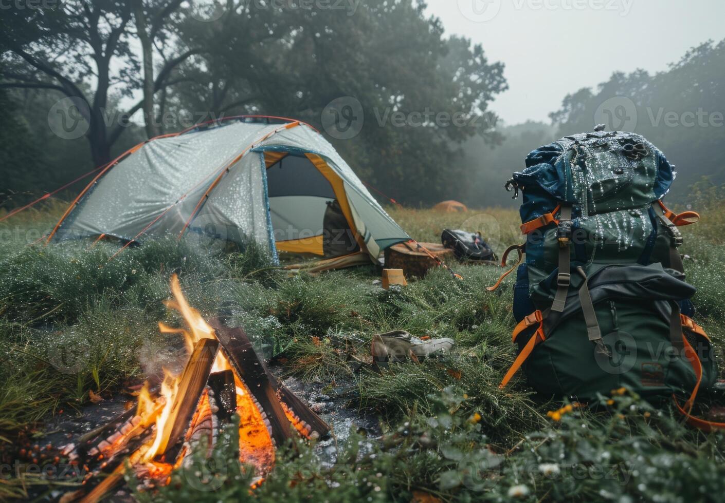 A tent and backpack are set up in a field photo
