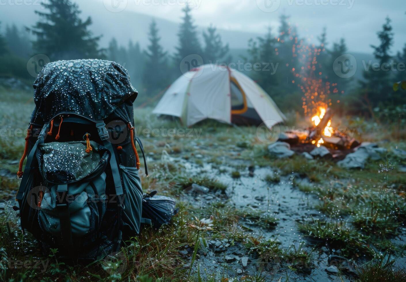 A tent and a fire pit sit in the rain photo