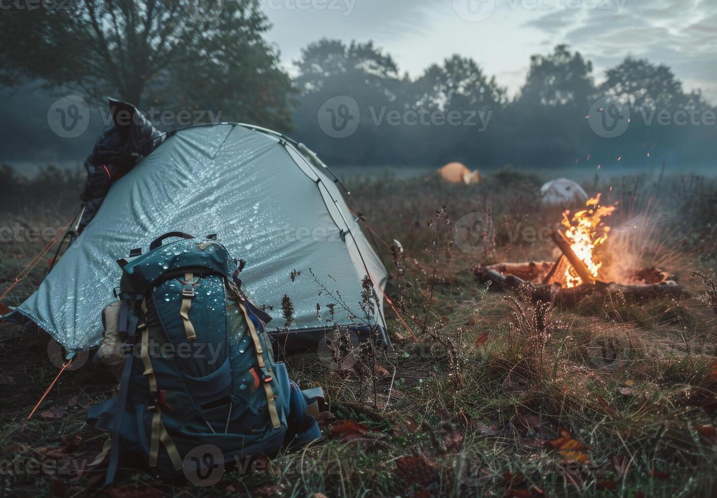 A tent and a fire are set up in a field photo