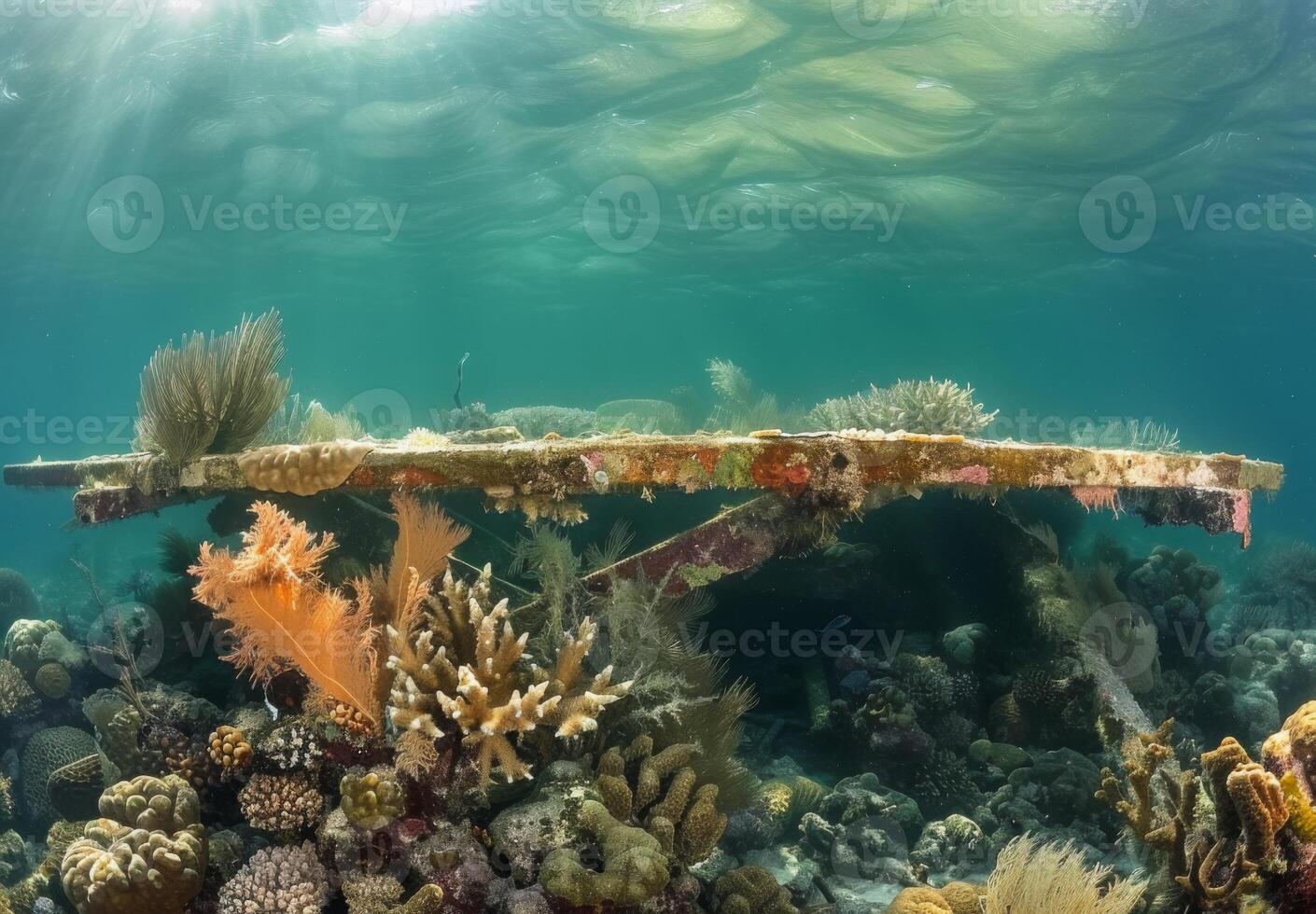 A boat is sitting on the reef with coral photo