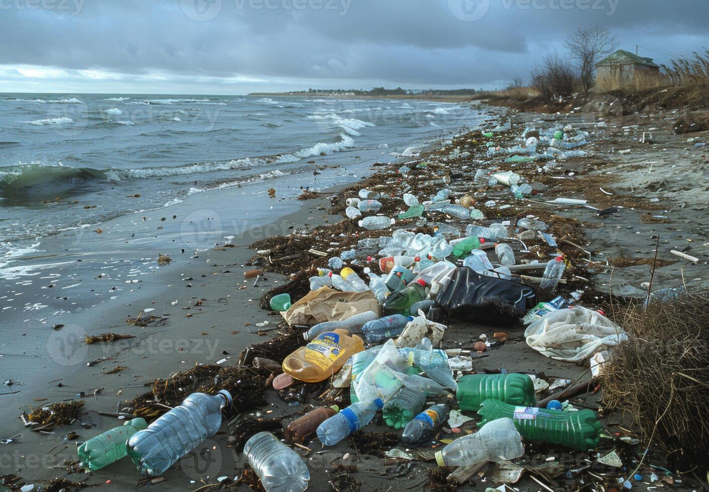 A beach with trash and water photo