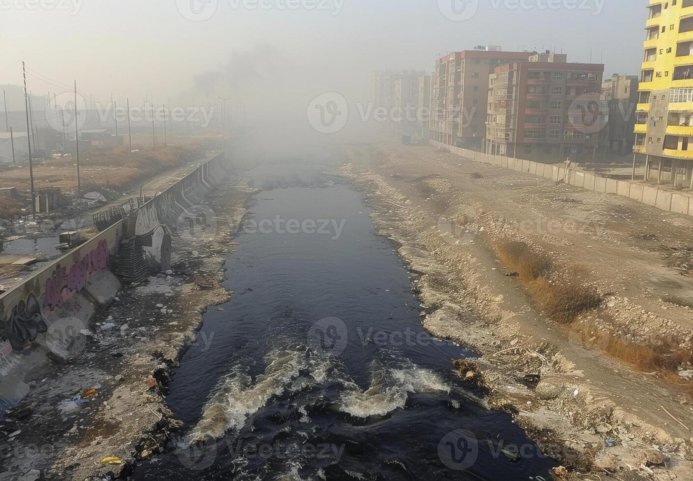 A river in a city with garbage and buildings photo