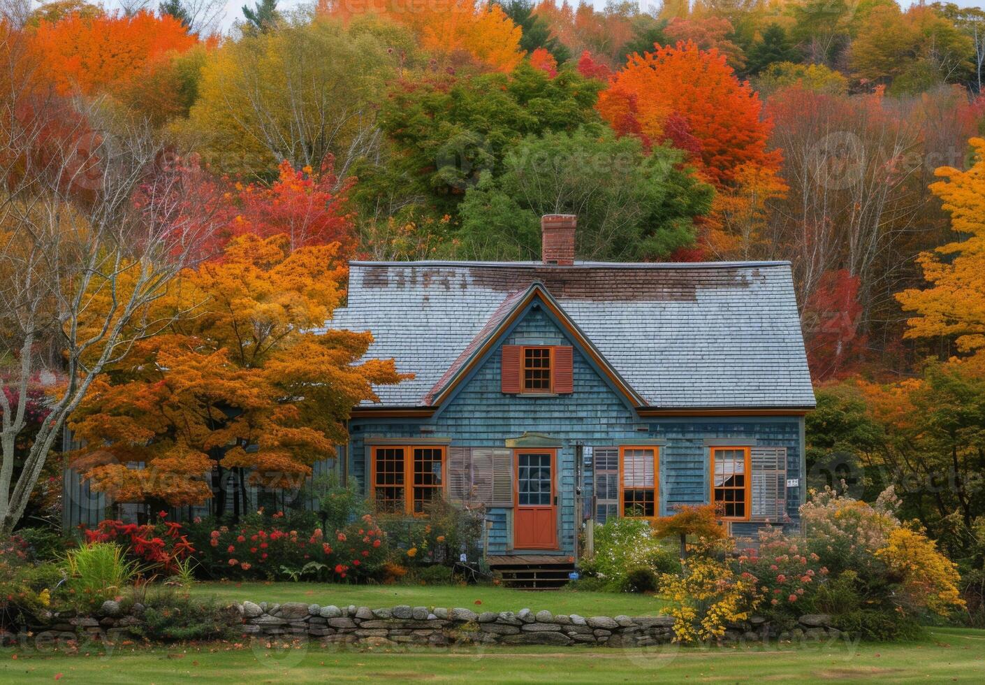 A blue house surrounded by colorful trees photo