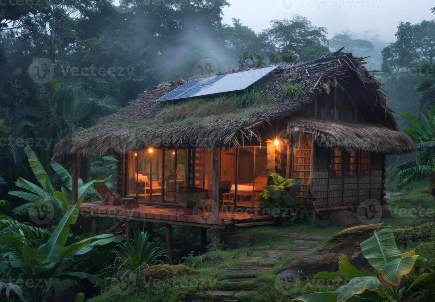 A small hut with a thatched roof in the jungle photo