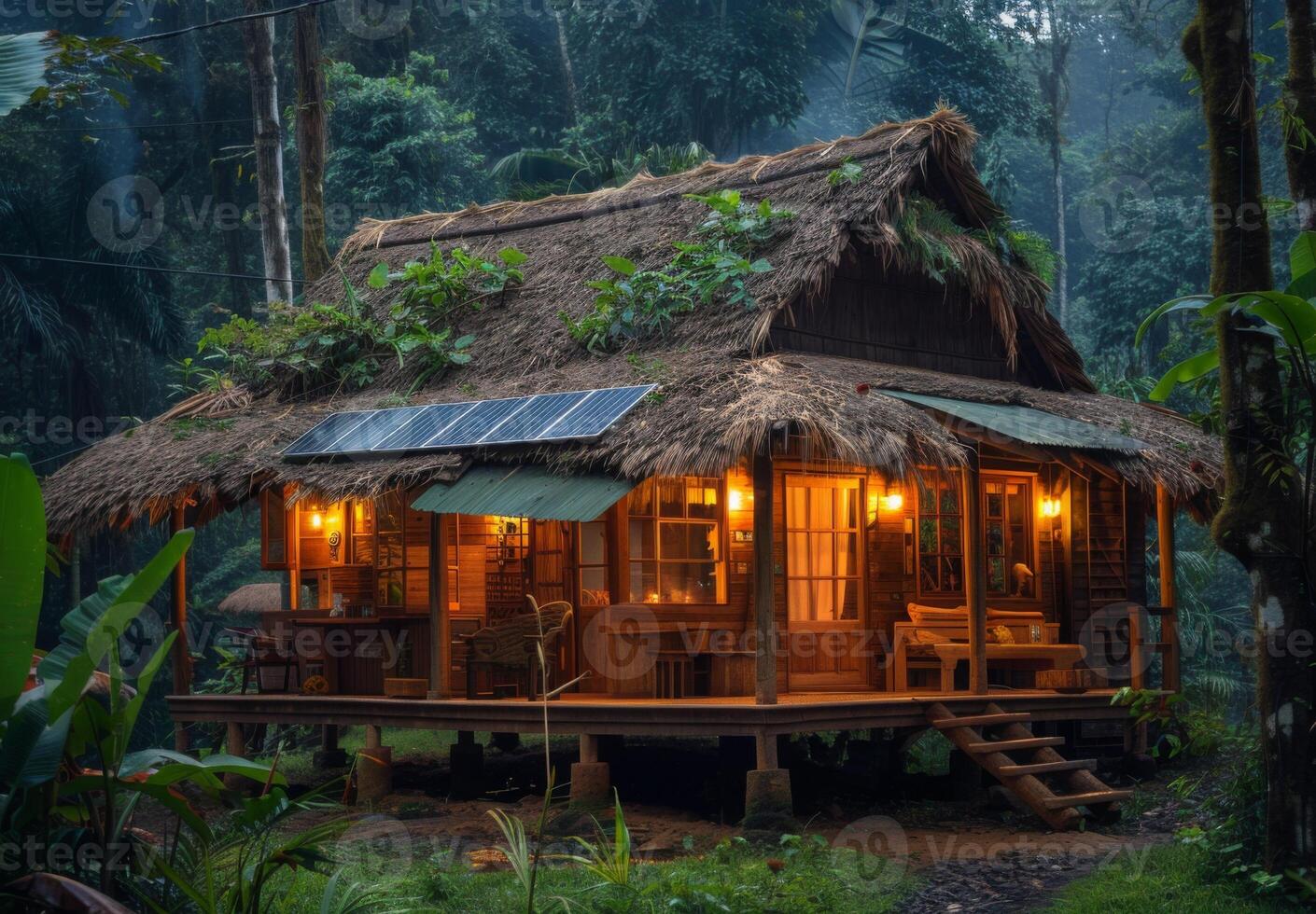 A small hut with a thatched roof in the jungle photo