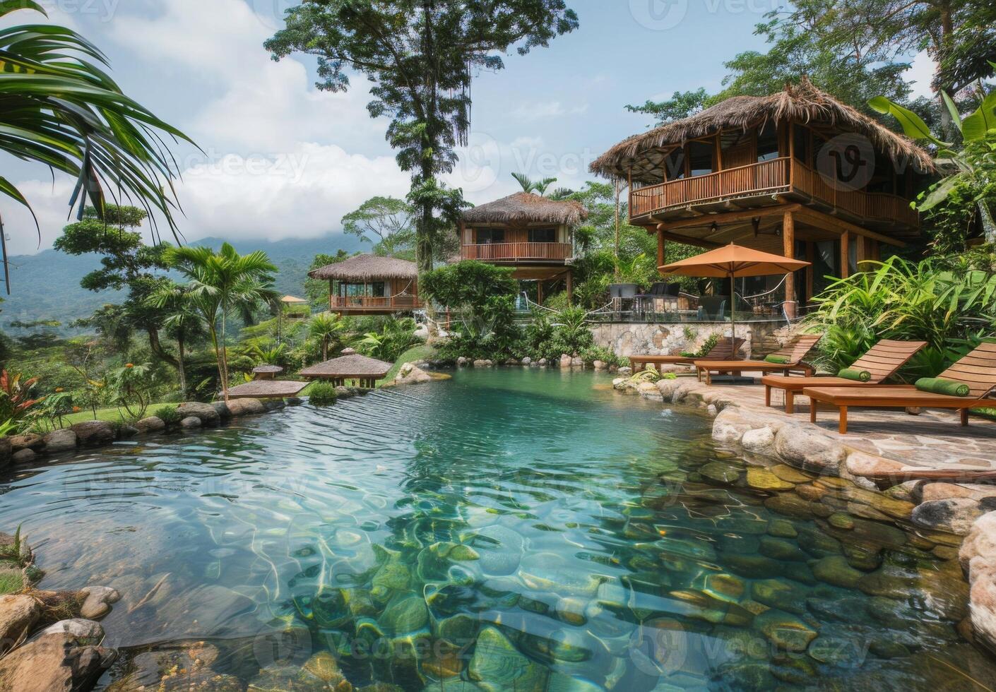 A resort with a pool and lounge chairs in the jungle photo