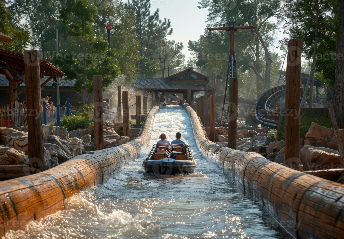 A man and woman ride a wooden roller coaster at a water park photo