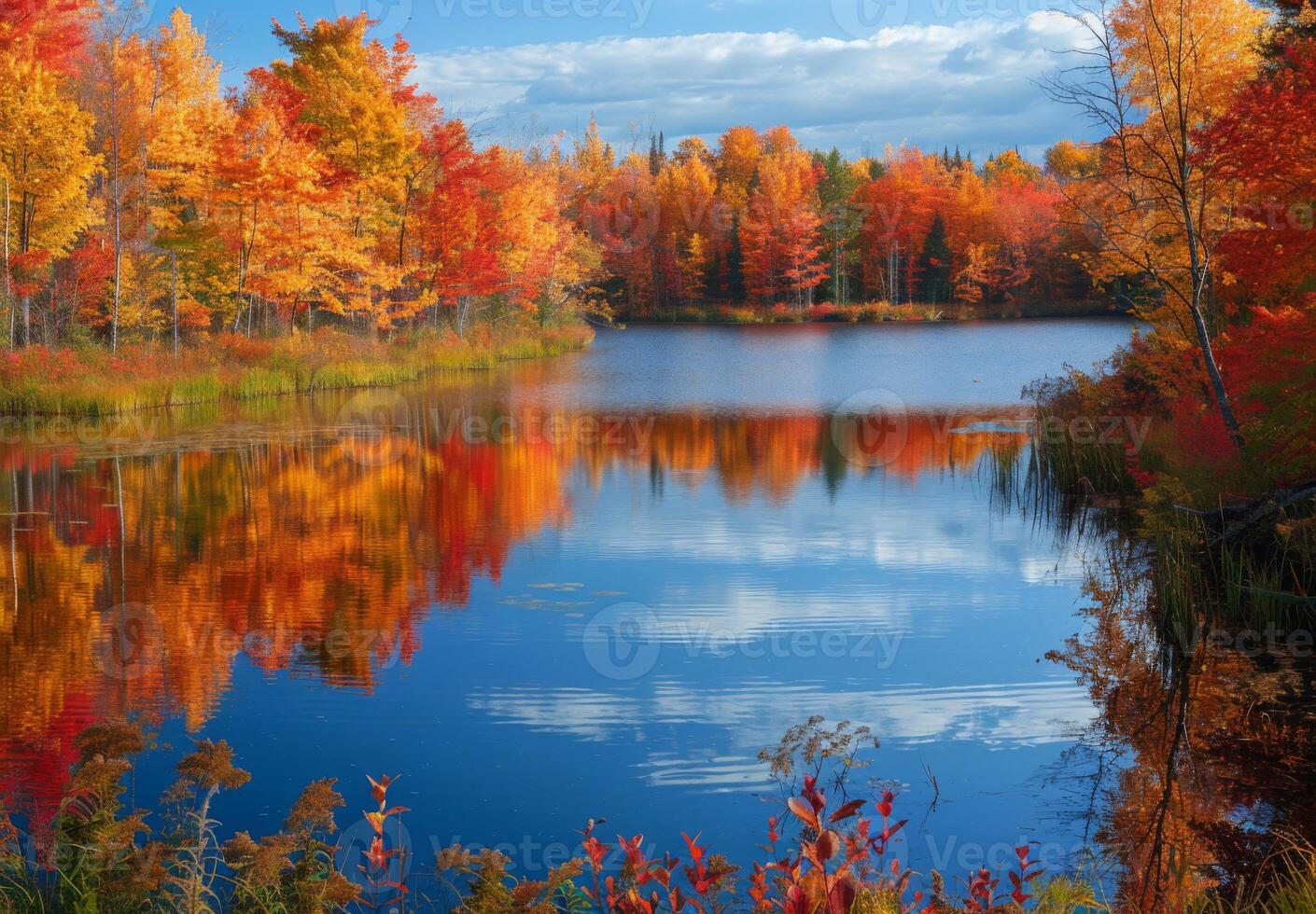 A lake surrounded by trees in the fall photo