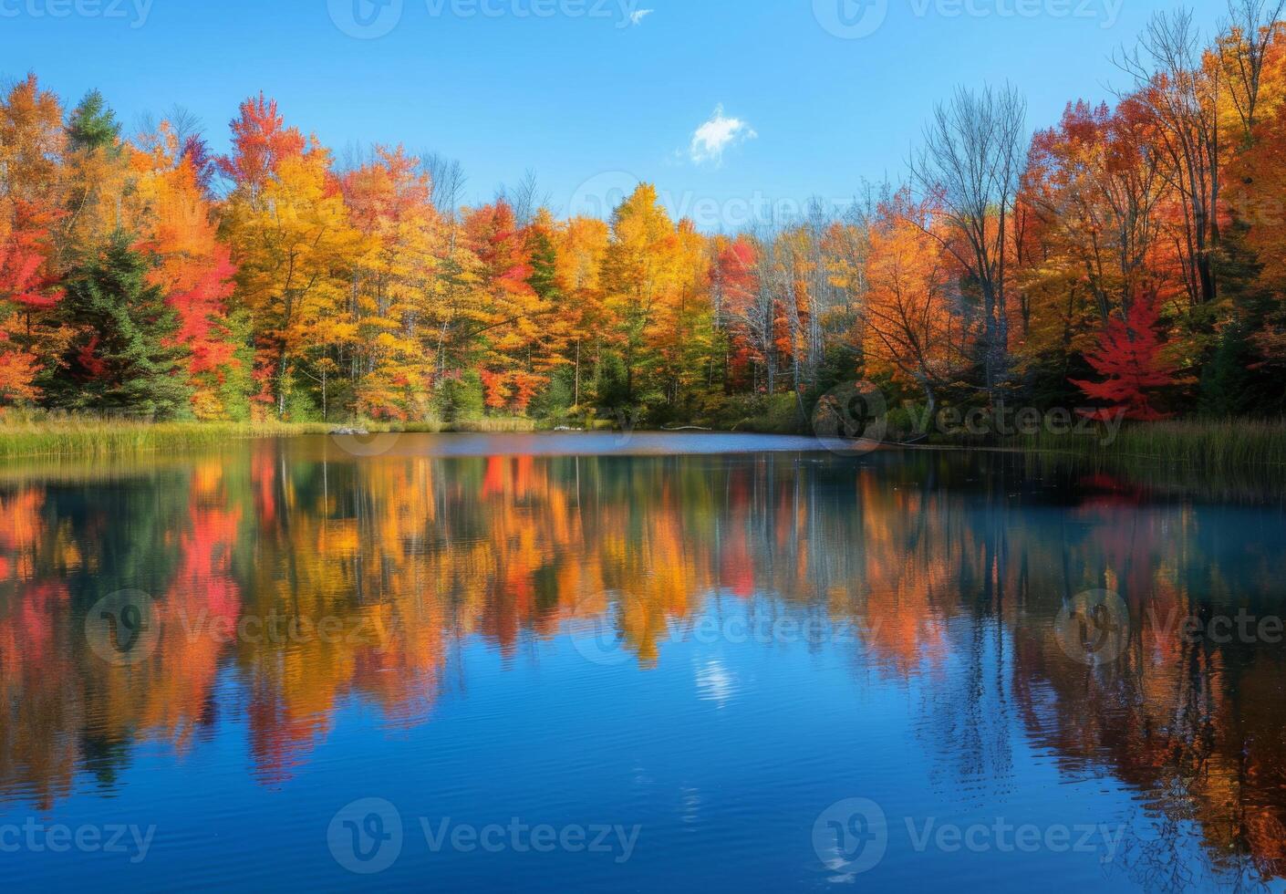 A lake surrounded by trees in the fall photo