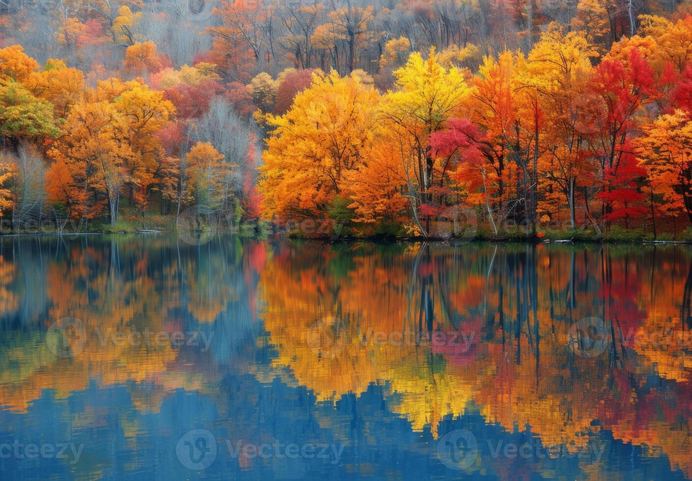 Autumn trees are reflected in a lake photo