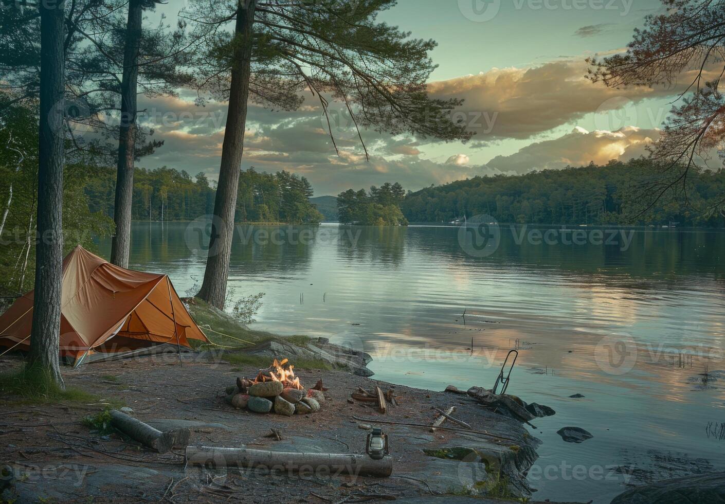 A tent is set up on the shore of a lake photo