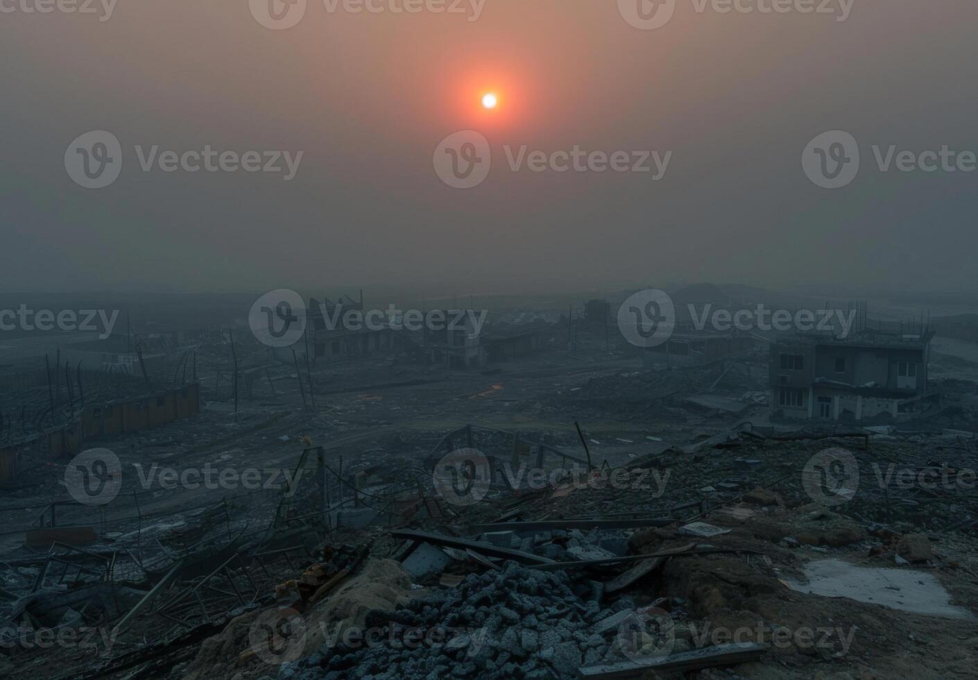 A view of the sun setting over a city photo