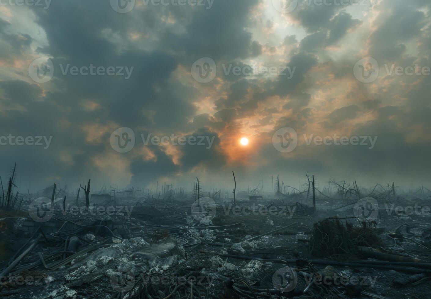 The sun is setting over a destroyed forest photo