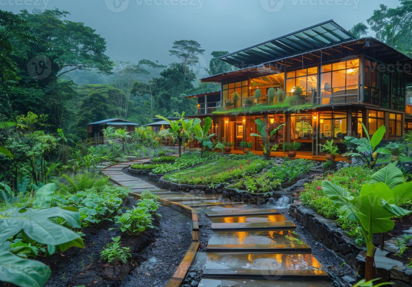 A house surrounded by lush vegetation and trees photo
