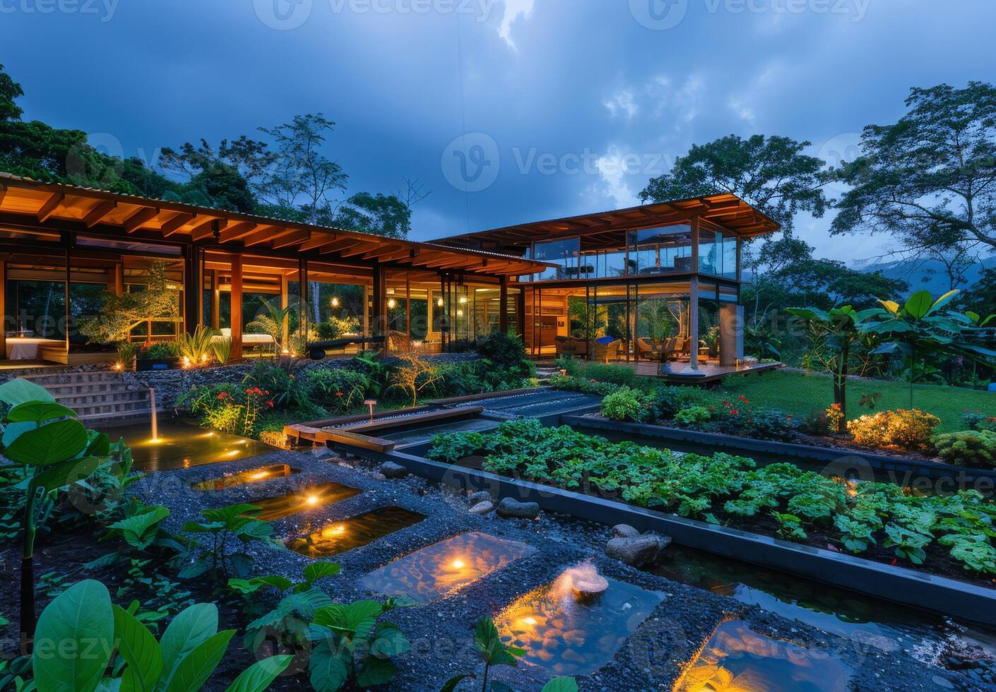 A house with a garden and a pond at dusk photo