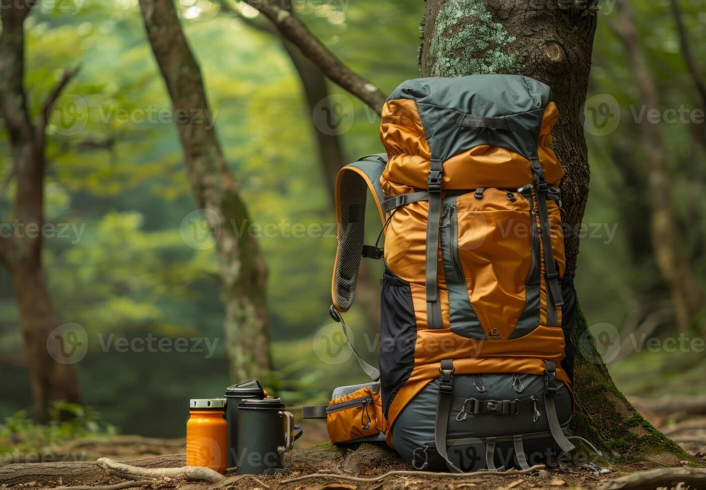 A backpack and water bottle sit on the ground in the woods photo