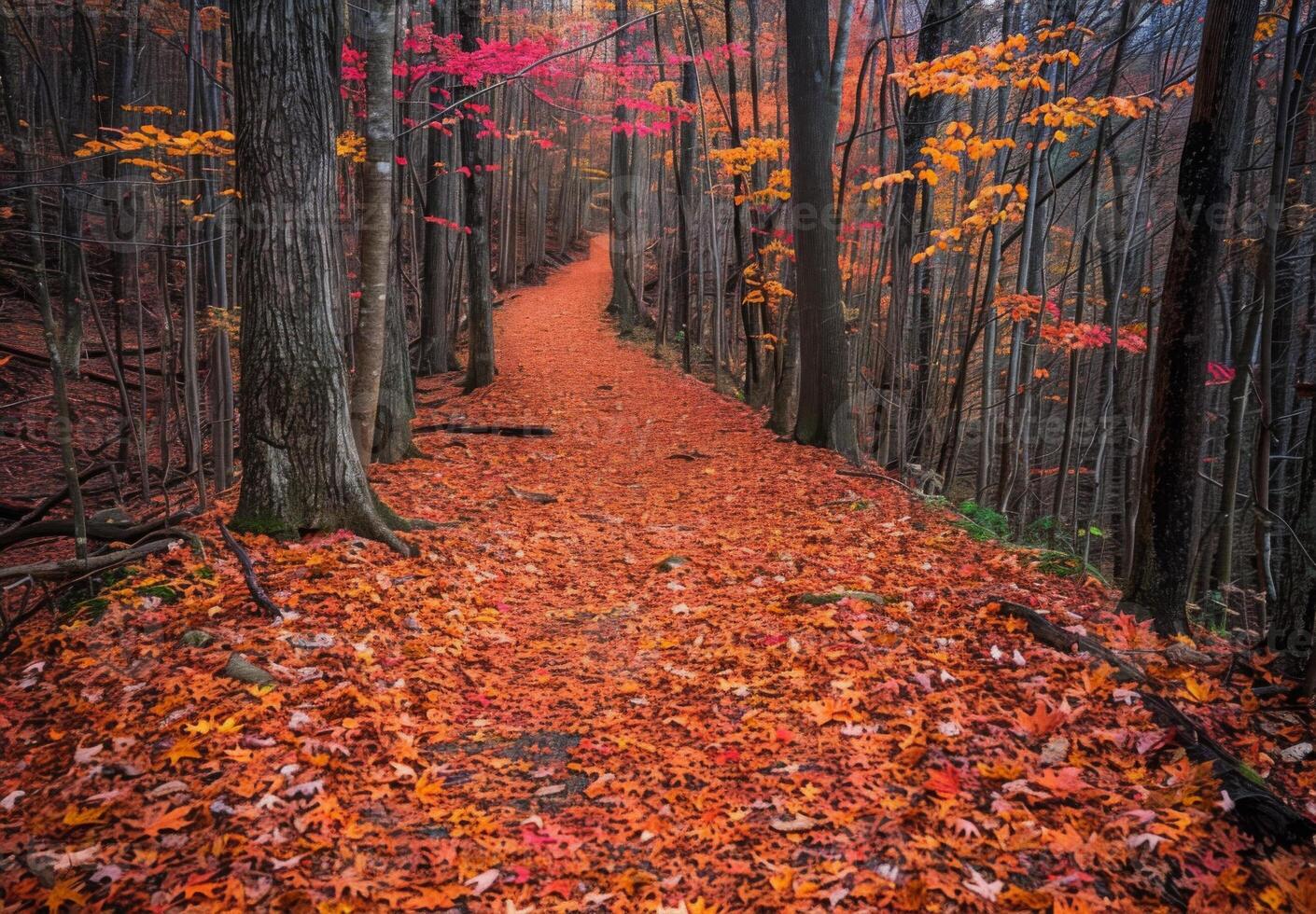 A path through the woods with red leaves photo