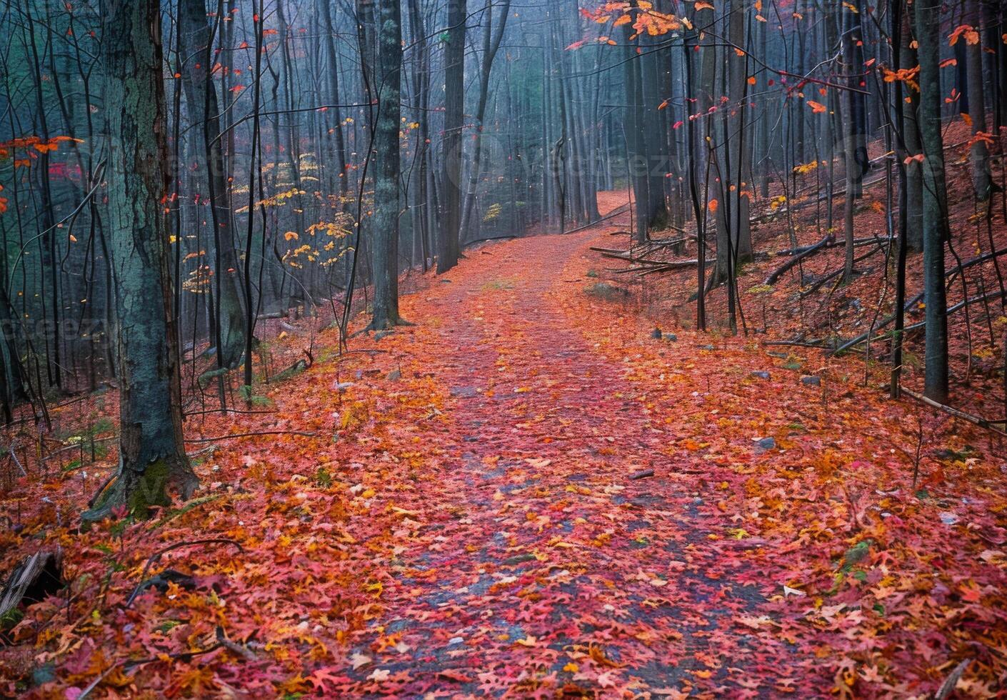 A path through the woods with leaves on the ground photo