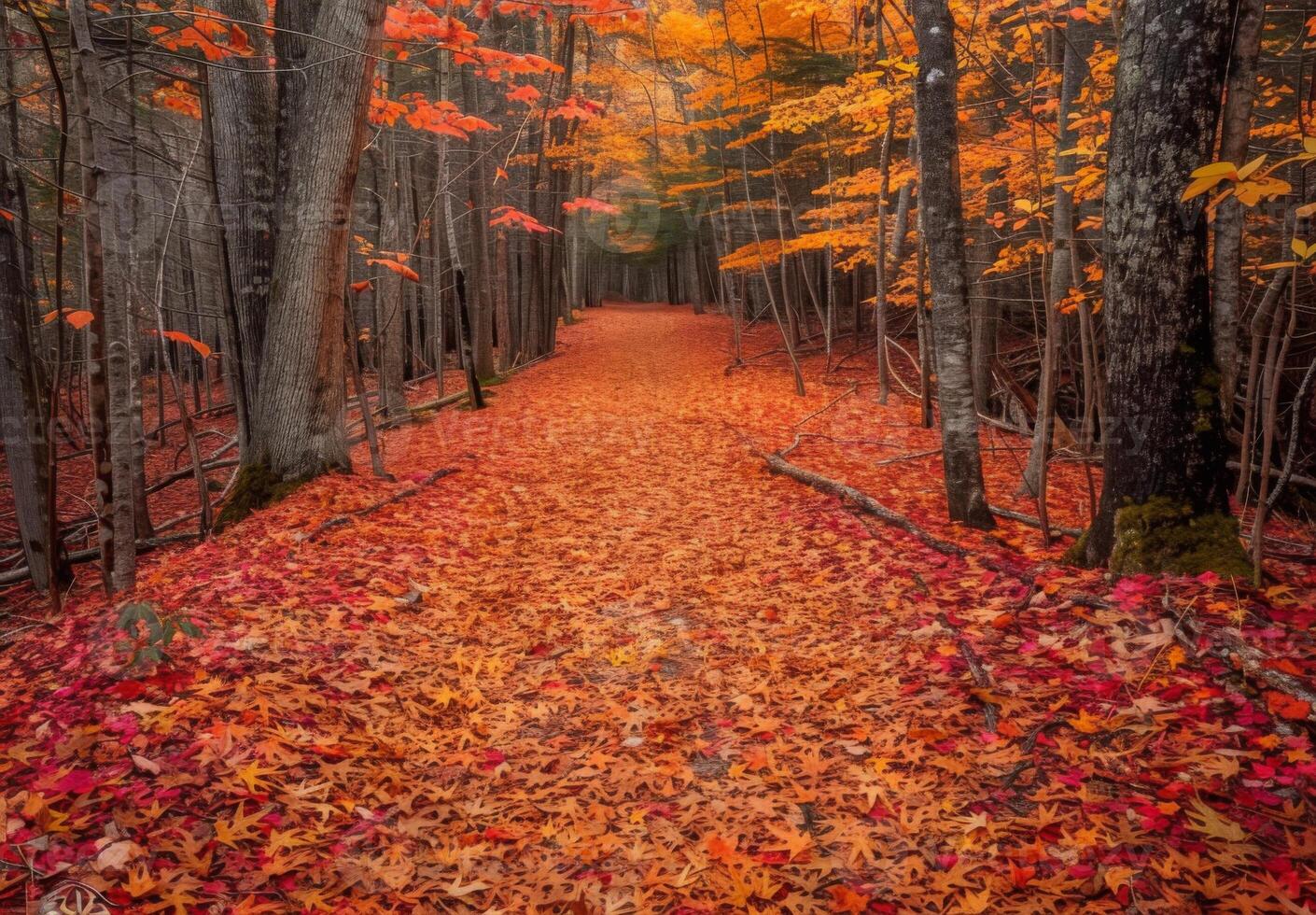 A path through the woods with red leaves photo