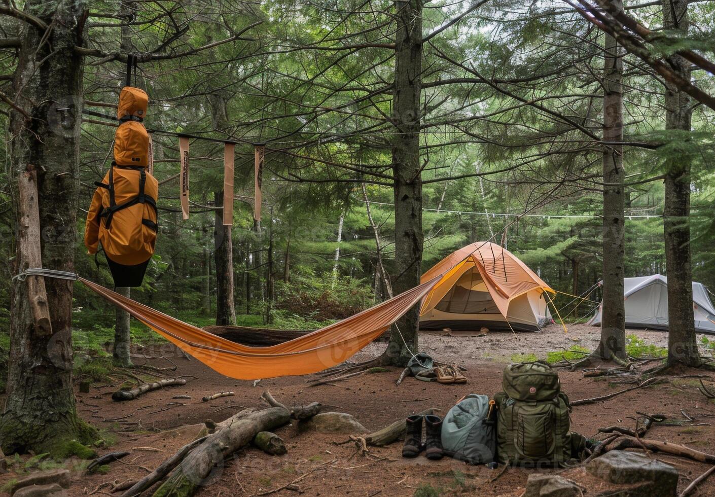 A tent and hammock in the woods photo