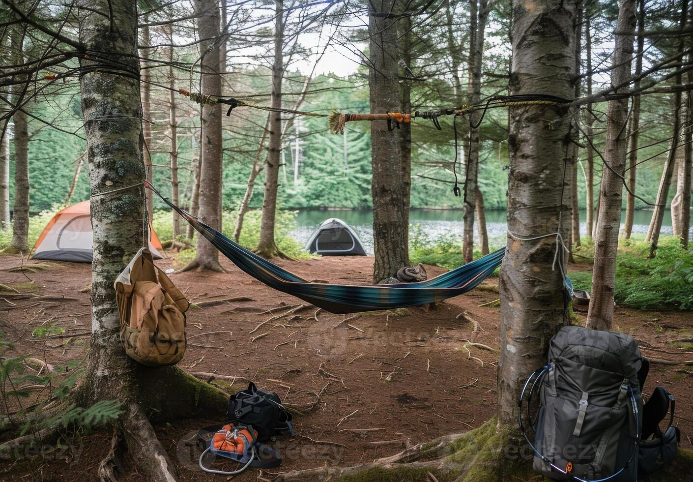 A hammock is set up in the woods near a lake photo