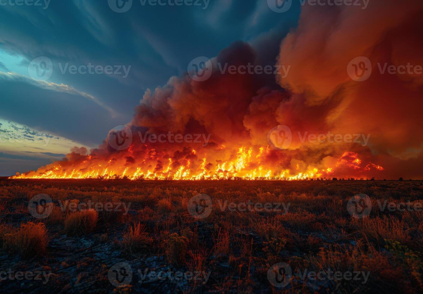 A large fire is burning in the middle of a field photo
