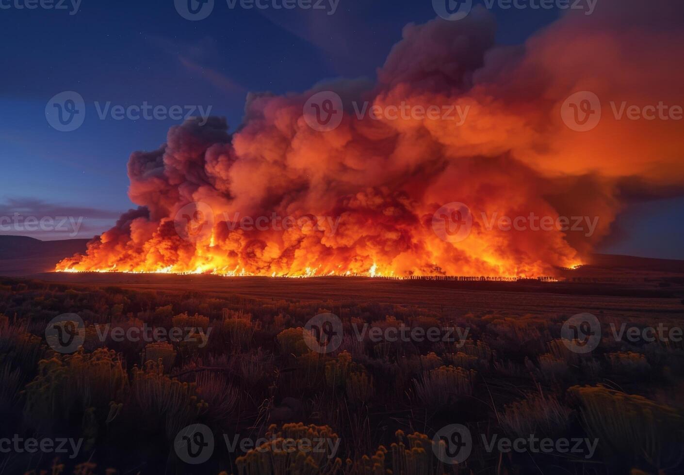 A large fire is burning in the middle of a field photo