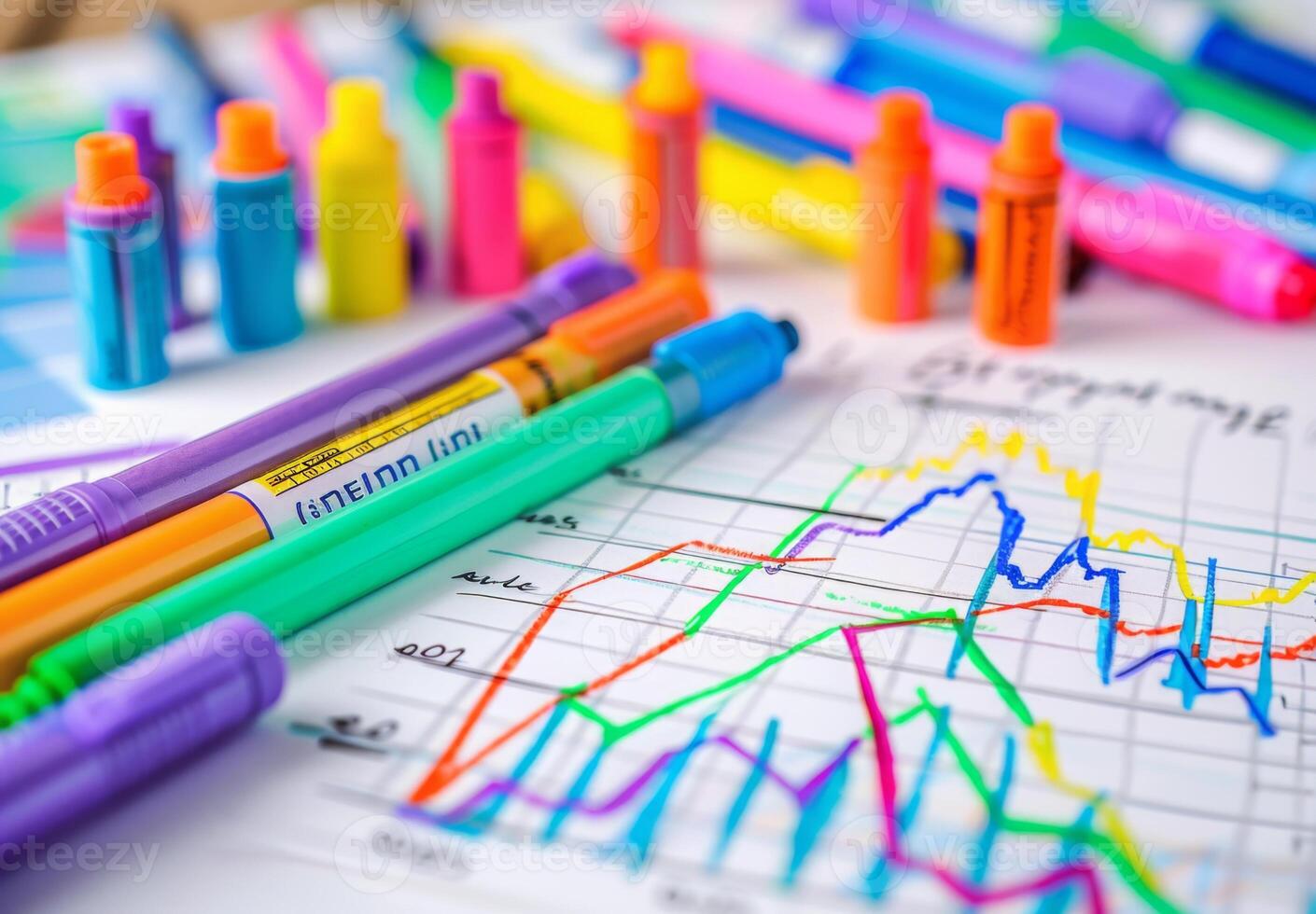 Colorful pens and graph paper on a desk photo