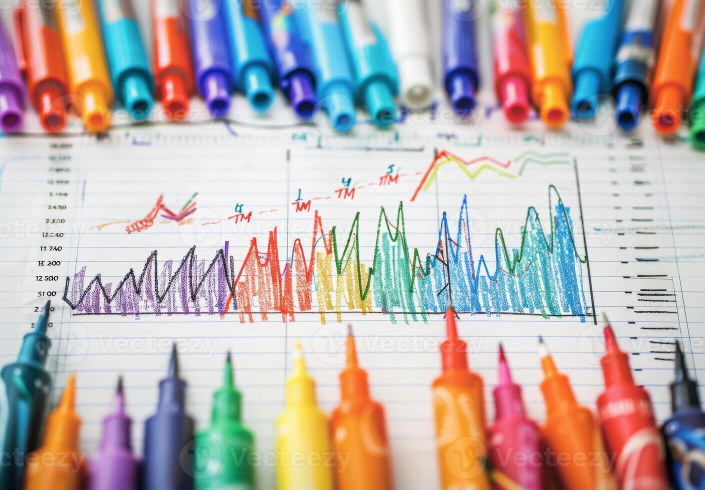 A graph chart with many colored pens on top of it photo