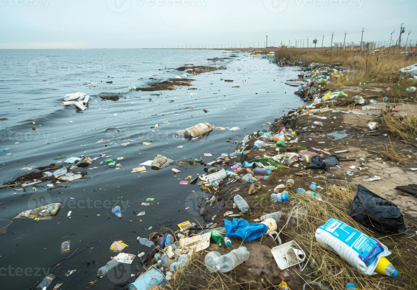A river with garbage and plastic floating in it photo