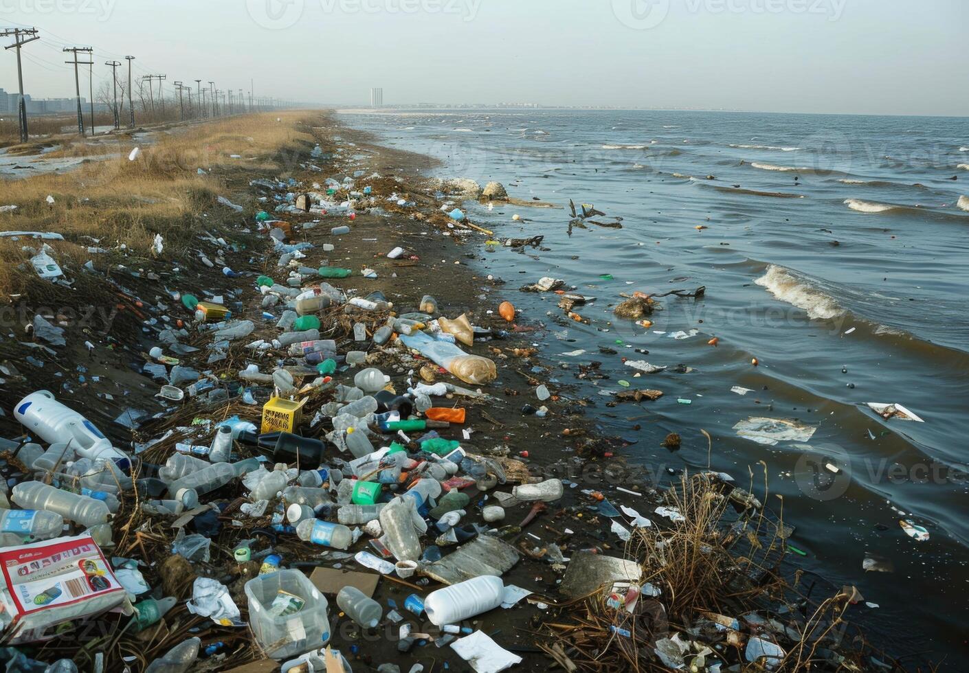 A beach with trash and garbage on the shore photo