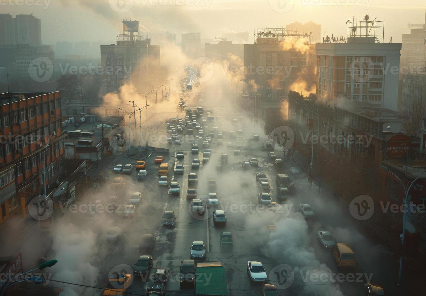 A city street with cars and smoke coming out of the cars photo