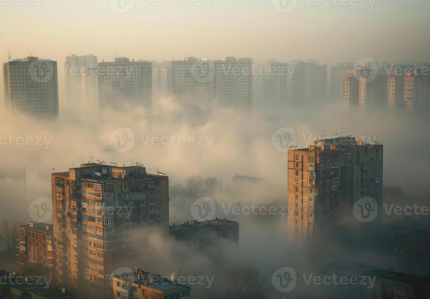 Foggy cityscape with tall buildings in the background photo
