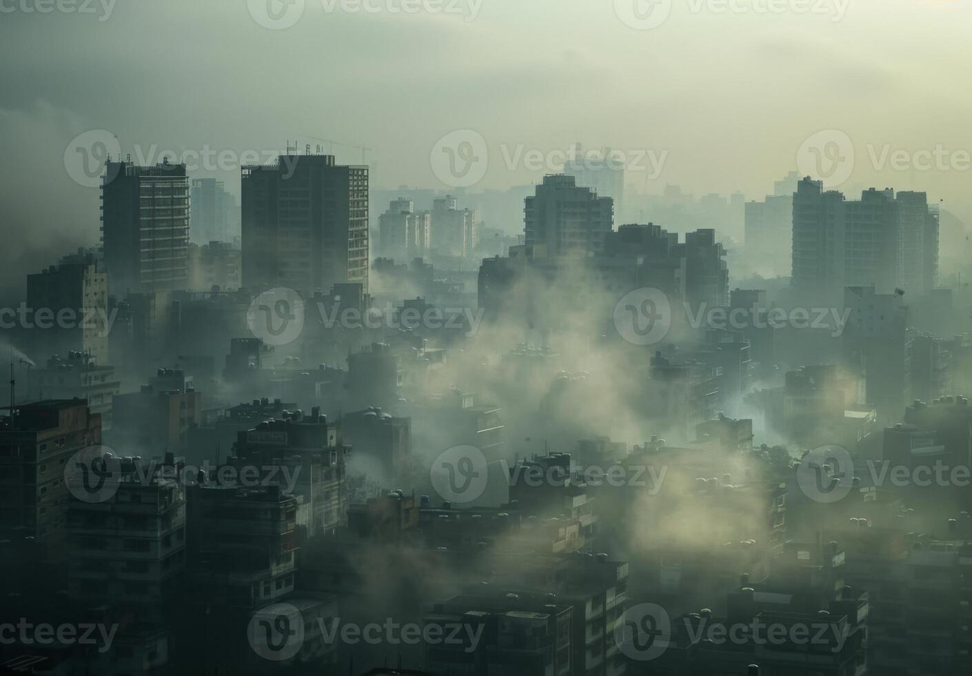A city with tall buildings and smoke coming out of them photo