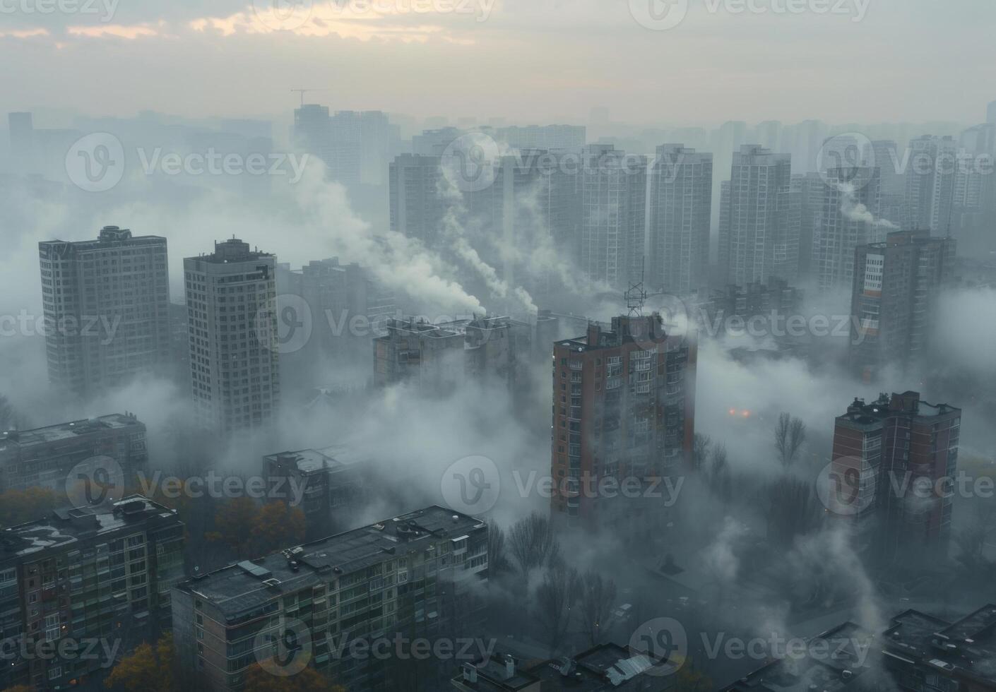 Foggy city skyline with tall buildings and smoke coming out of them photo