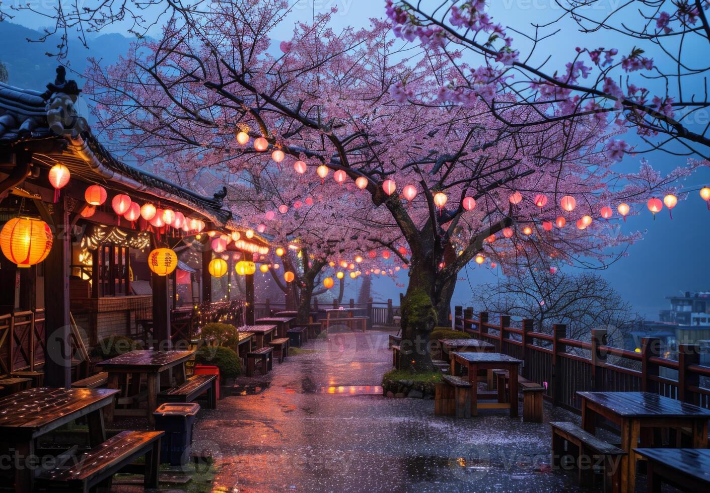 Cherry blossom in the rain, yangshuo, china photo