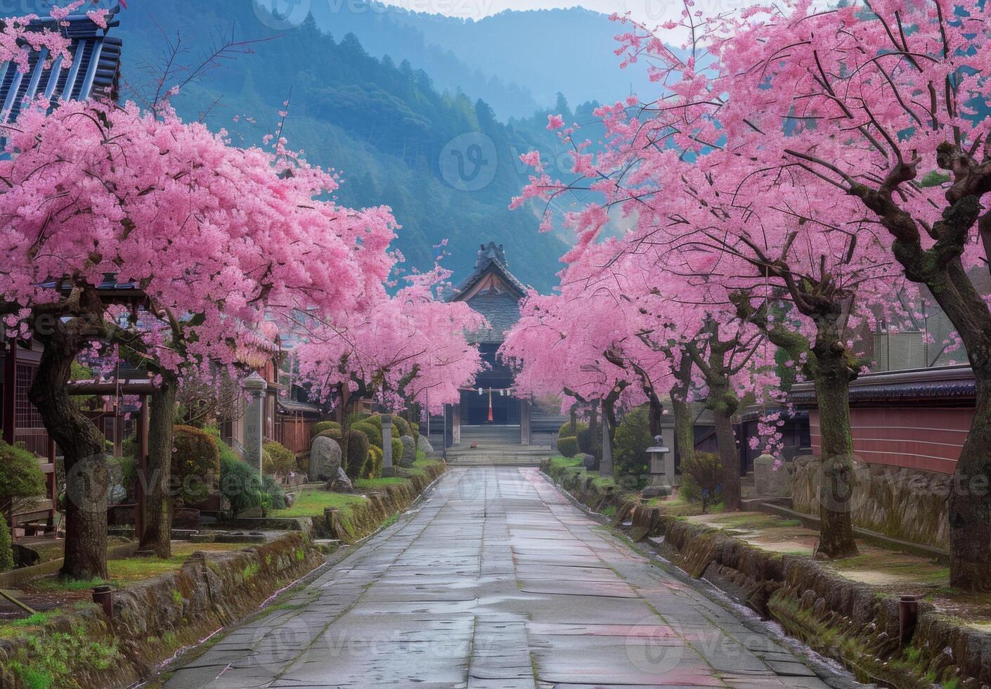 A path lined with pink trees in front of a temple photo
