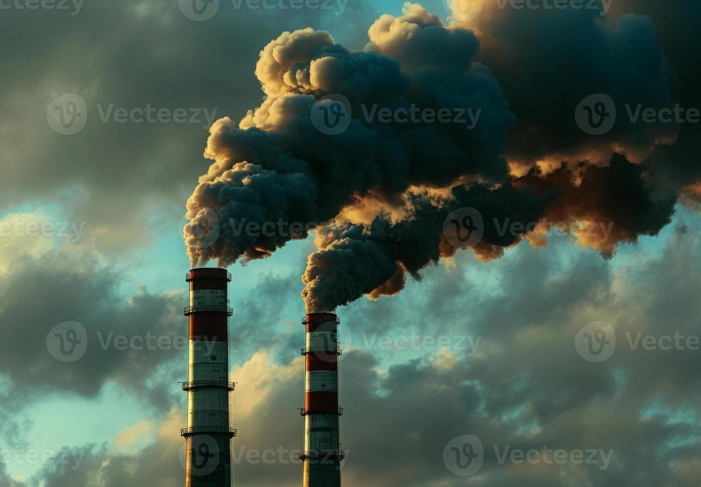 Two smoke stacks from a factory with a cloudy sky photo