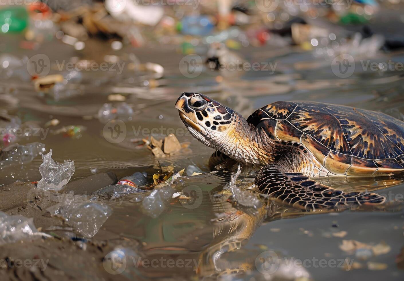 A turtle swimming in a sea of plastic garbage photo