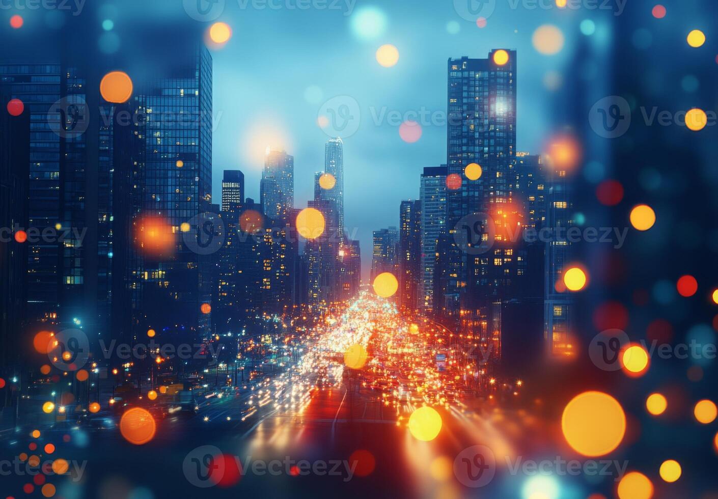 City lights and traffic lights in the night photo