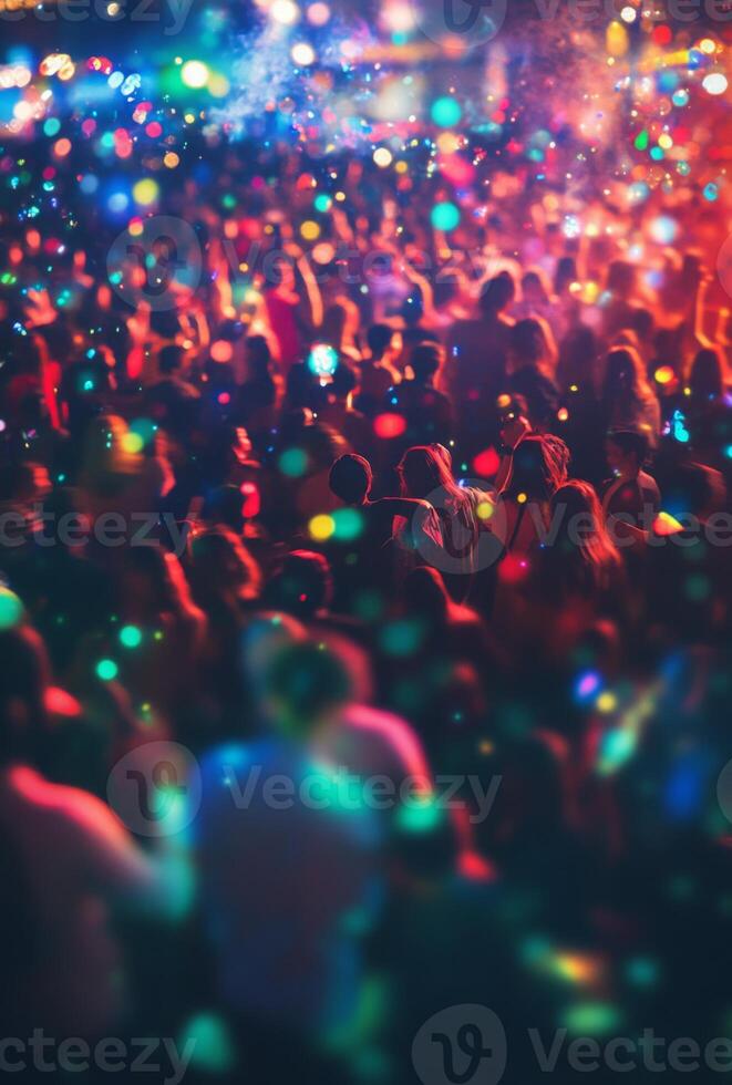A crowd of people at a party with colorful lights photo