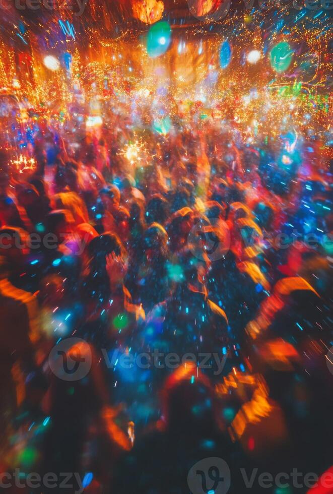 A crowd of people at a party with colorful lights photo