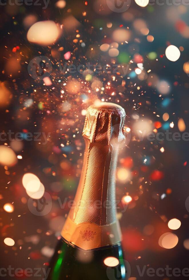Blurred champagne bottle popping, with confetti and lights adding to the festive New Year's Eve mood photo