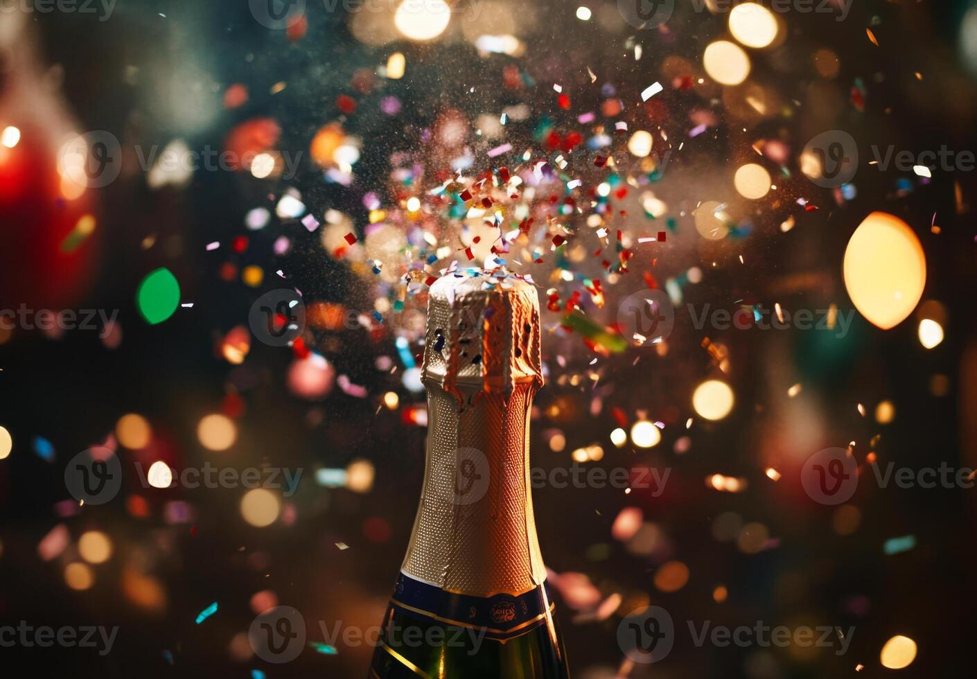 Blurred champagne bottle popping, with confetti and lights adding to the festive New Year's Eve mood photo