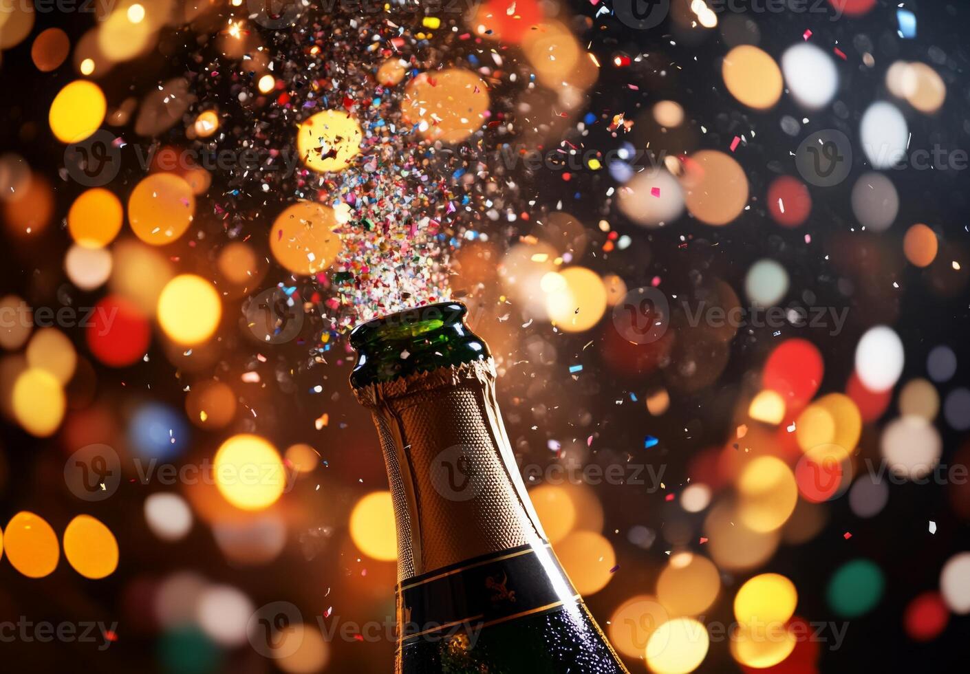 Blurred champagne bottle popping, with confetti and lights adding to the festive New Year's Eve mood photo