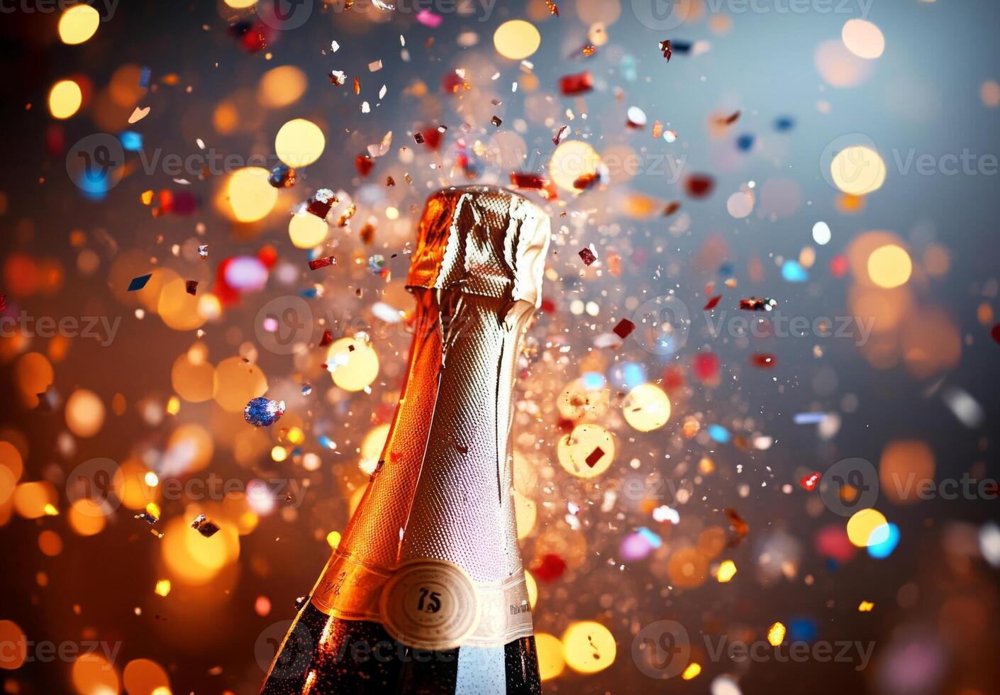 Blurred champagne bottle popping, with confetti and lights adding to the festive New Year's Eve mood photo