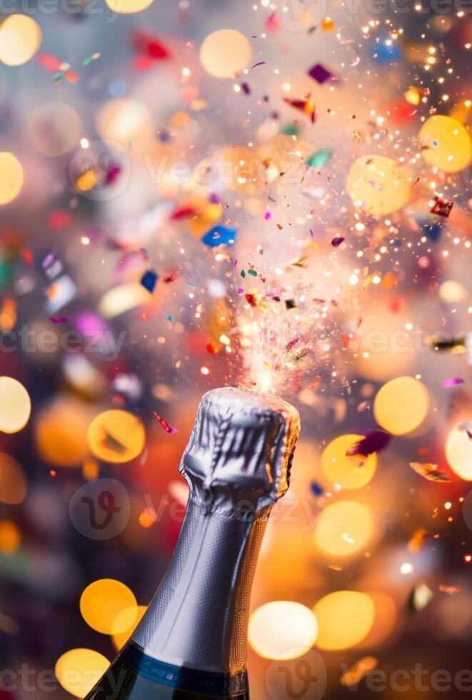 Blurred champagne bottle popping, with confetti and lights adding to the festive New Year's Eve mood photo